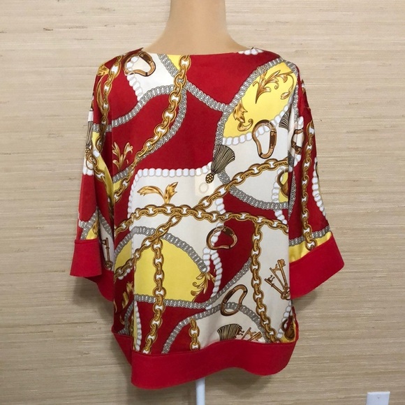 Red Gold Buchona Chain Tassel Print Women's  7/8 Wide Sleeve Lightweight Top L - Picture 7 of 10